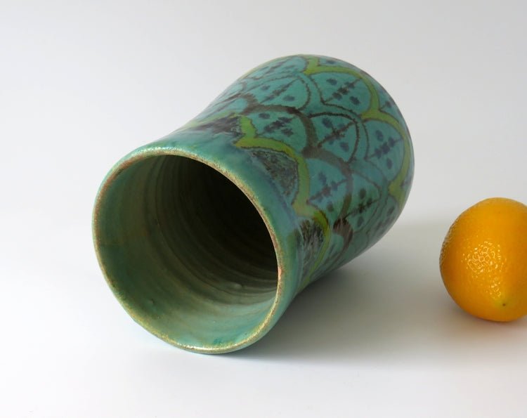 Mid Century Moroccan Turquoise Hand Painted Pottery Vase Signed - GSaleHunter