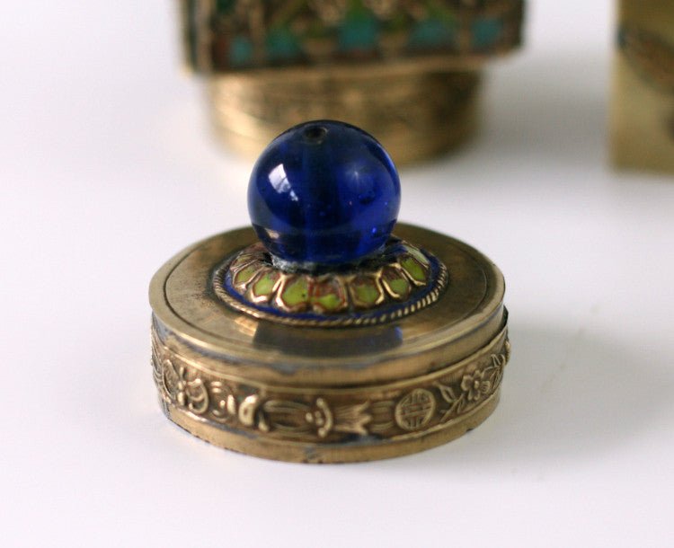 Pair of Antique China Brass Snuff Boxes - Blue Glass Repousse Inlay Stones - GSaleHunter