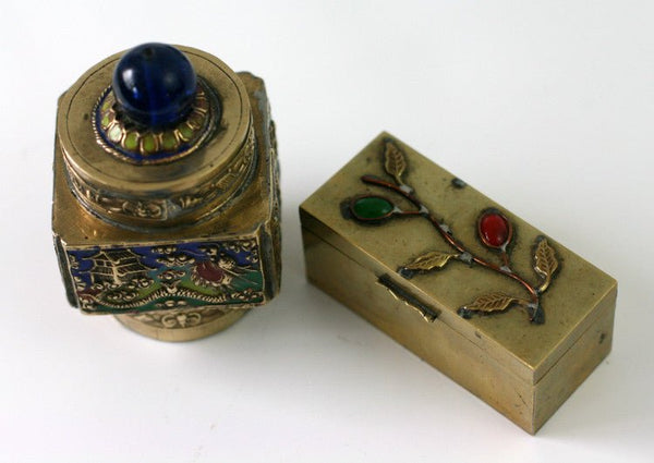 Pair of Antique China Brass Snuff Boxes - Blue Glass Repousse Inlay Stones - GSaleHunter