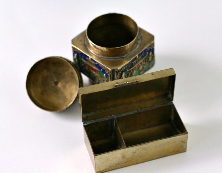 Pair of Antique China Brass Snuff Boxes - Blue Glass Repousse Inlay Stones - GSaleHunter