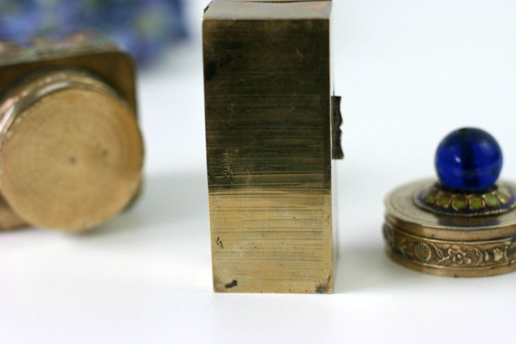 Pair of Antique China Brass Snuff Boxes - Blue Glass Repousse Inlay Stones - GSaleHunter