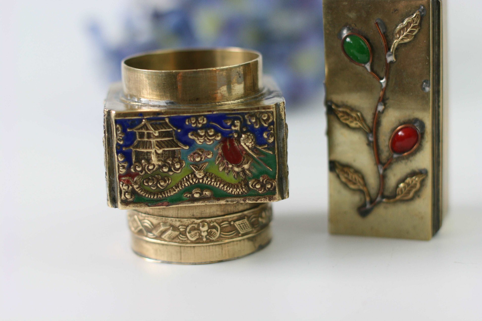 Pair of Antique China Brass Snuff Boxes - Blue Glass Repousse Inlay Stones - GSaleHunter