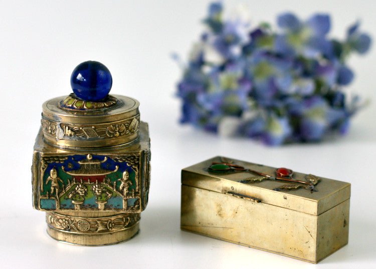 Pair of Antique China Brass Snuff Boxes - Blue Glass Repousse Inlay Stones - GSaleHunter