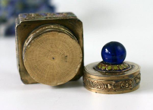 Pair of Antique China Brass Snuff Boxes - Blue Glass Repousse Inlay Stones - GSaleHunter