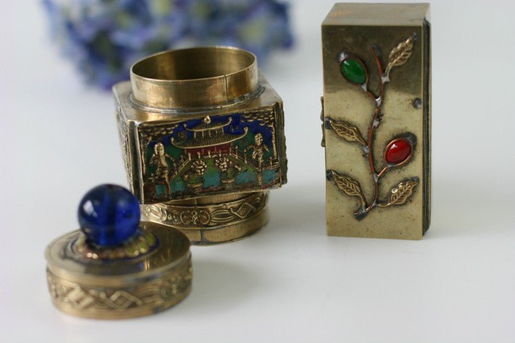Pair of Antique China Brass Snuff Boxes - Blue Glass Repousse Inlay Stones - GSaleHunter