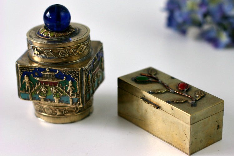 Pair of Antique China Brass Snuff Boxes - Blue Glass Repousse Inlay Stones - GSaleHunter
