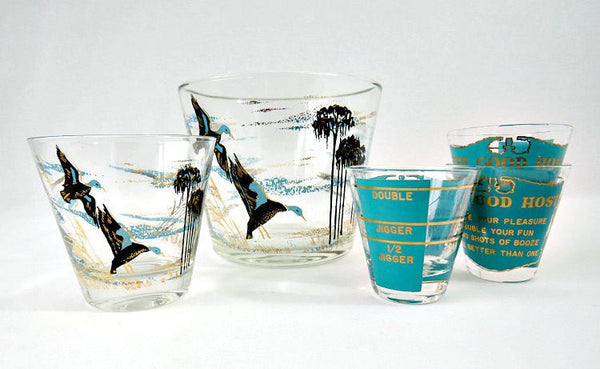 Retro Aqua Barware, Duck Hunter Glass Ice Bucket with Glasses - GSaleHunter