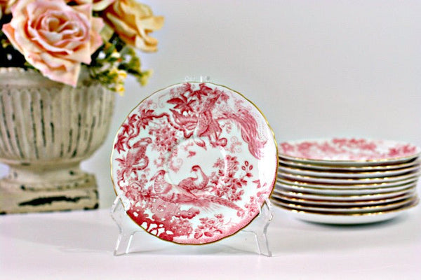 Royal Crown Derby China, Aves Red A74, 6 1/4" Scalloped Bread & Butter Plates, Set of 11 - GSaleHunter