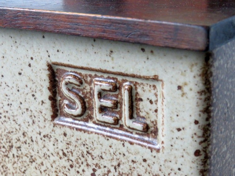 Rustic French Farmhouse Salt Box, Wood Lid and Pottery Incised SEL - GSaleHunter