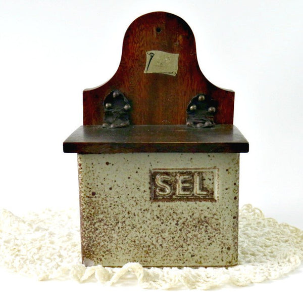 Rustic French Farmhouse Salt Box, Wood Lid and Pottery Incised SEL - GSaleHunter