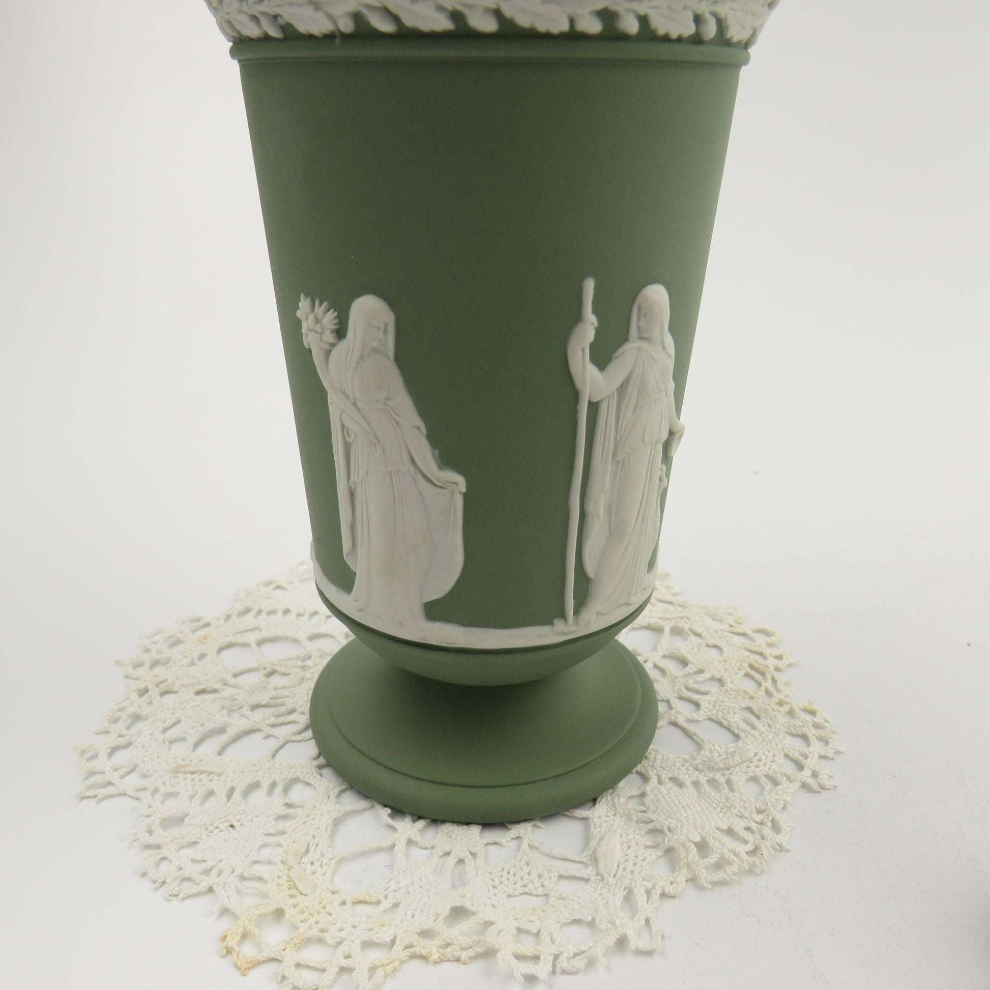 Vintage 1970s Wedgwood Jasperware Cupid and Psyche 5 1/2" Vase Cream on Sage Green Celadon - GSaleHunter