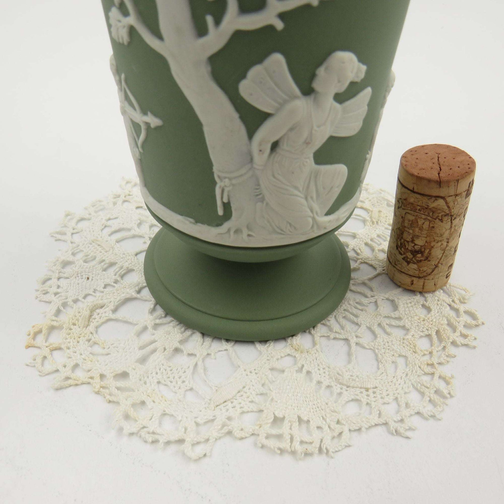 Vintage 1970s Wedgwood Jasperware Cupid and Psyche 5 1/2" Vase Cream on Sage Green Celadon - GSaleHunter