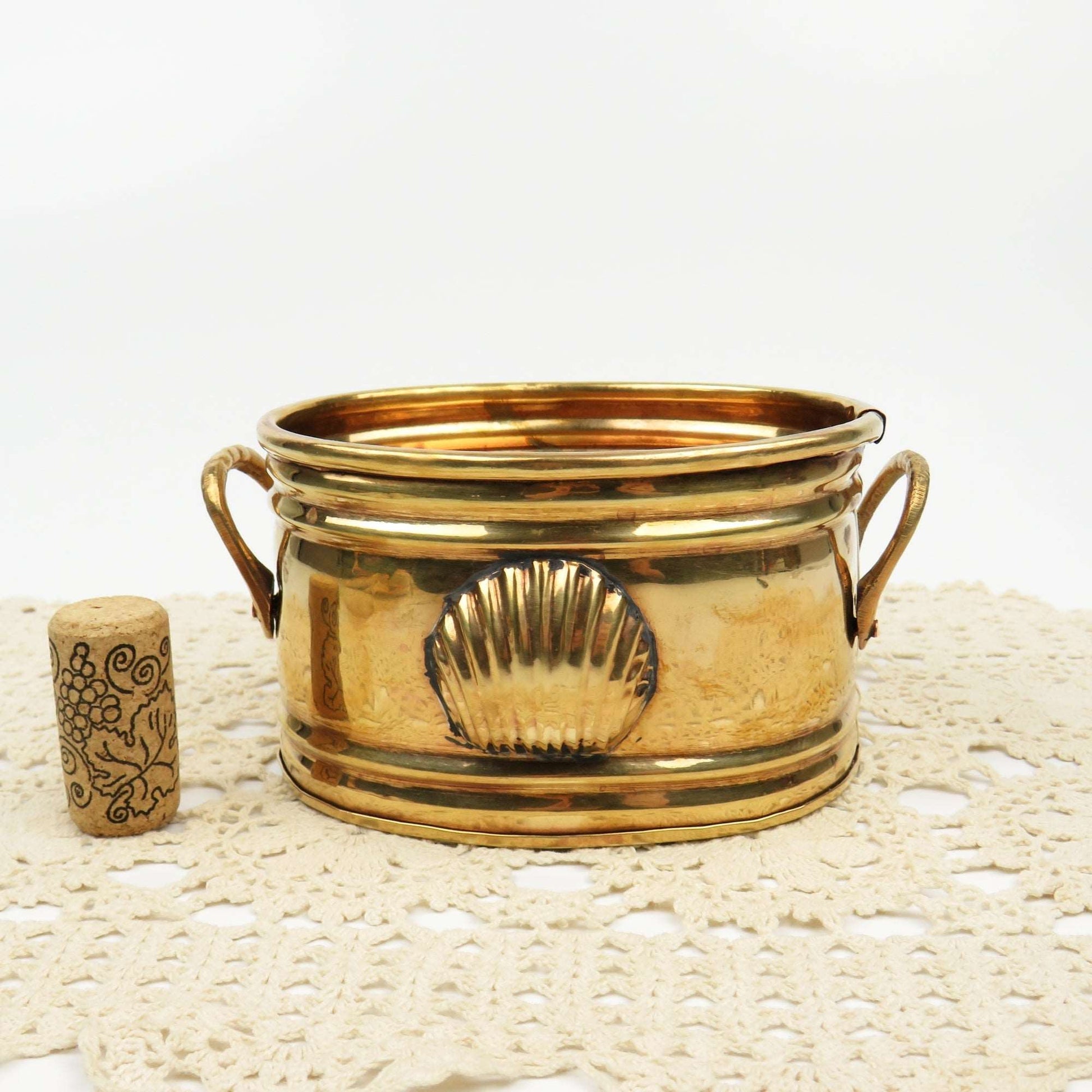 Vintage 5" Solid Brass Planter Two Handles, Seashell Scallop Clam Medallion - GSaleHunter