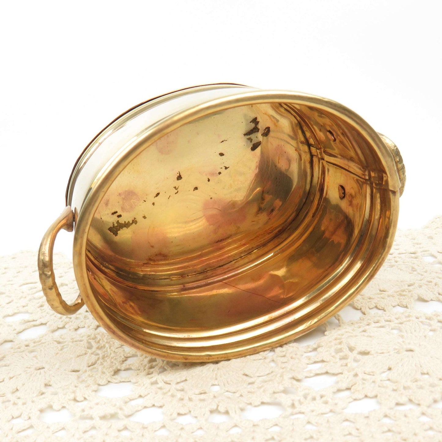 Vintage 5" Solid Brass Planter Two Handles, Seashell Scallop Clam Medallion - GSaleHunter