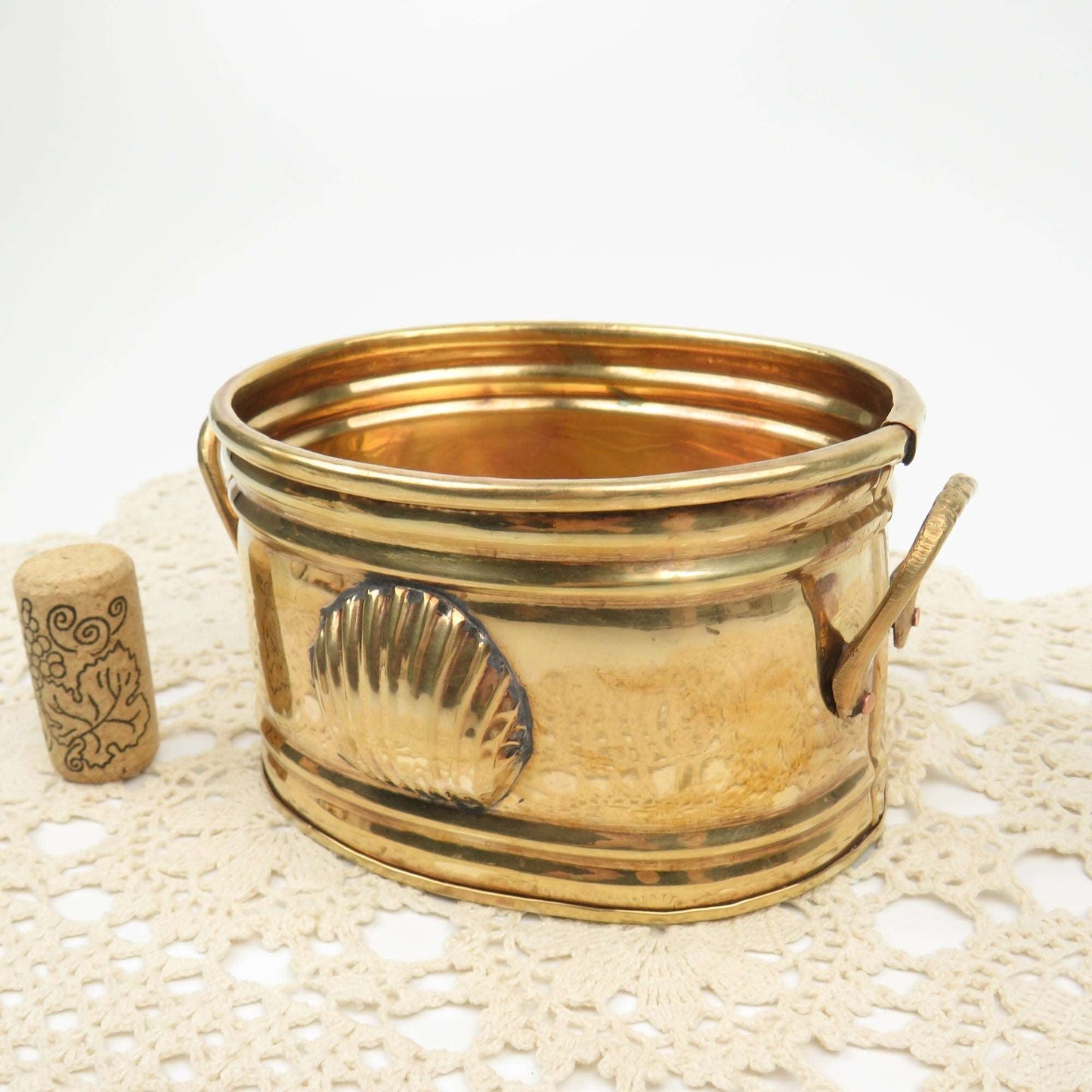 Vintage 5" Solid Brass Planter Two Handles, Seashell Scallop Clam Medallion - GSaleHunter