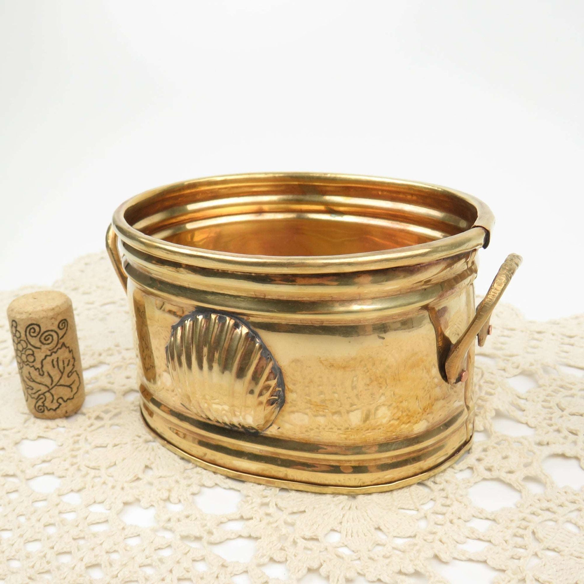 Vintage 5" Solid Brass Planter Two Handles, Seashell Scallop Clam Medallion - GSaleHunter