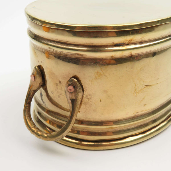 Vintage 5" Solid Brass Planter Two Handles, Seashell Scallop Clam Medallion - GSaleHunter