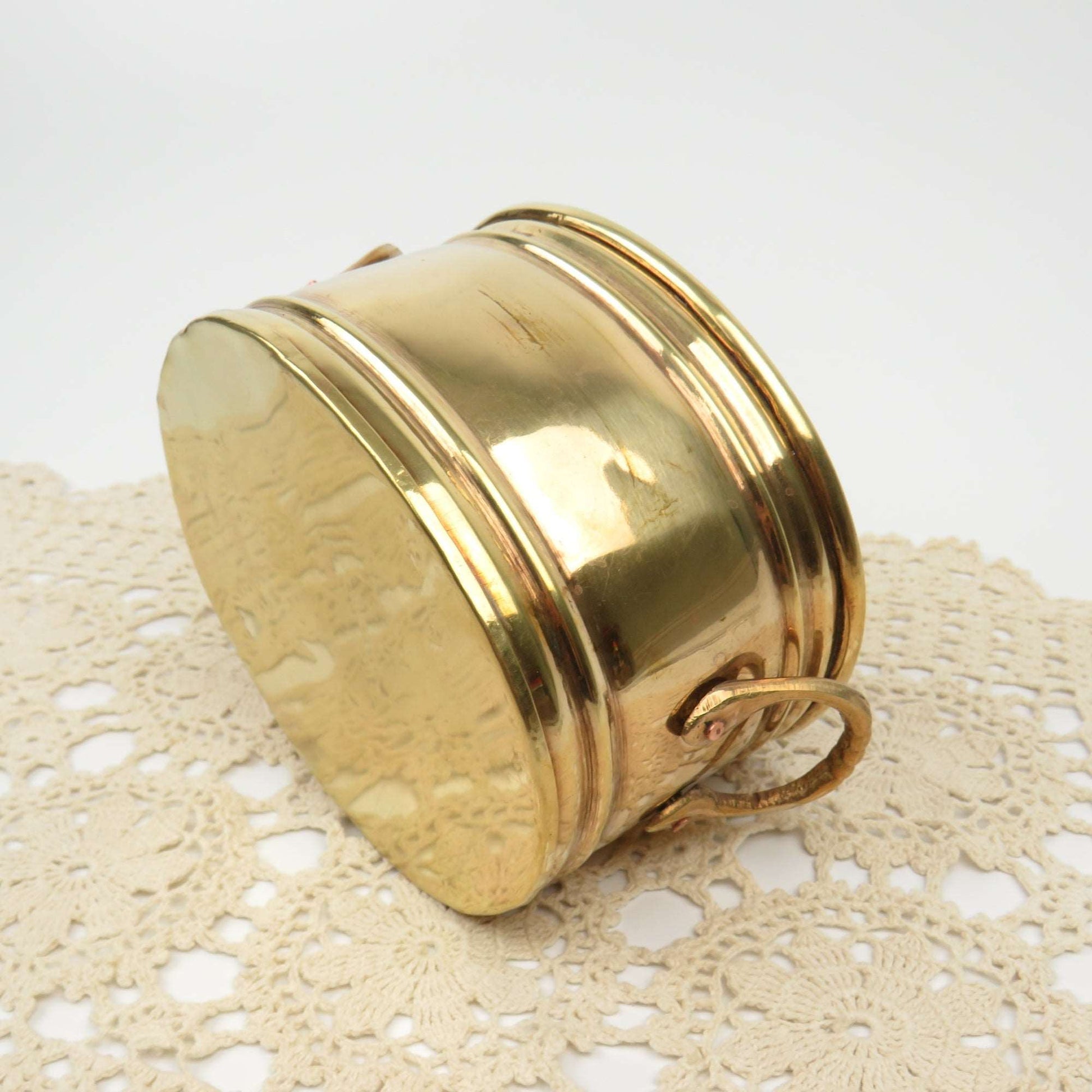 Vintage 5" Solid Brass Planter Two Handles, Seashell Scallop Clam Medallion - GSaleHunter