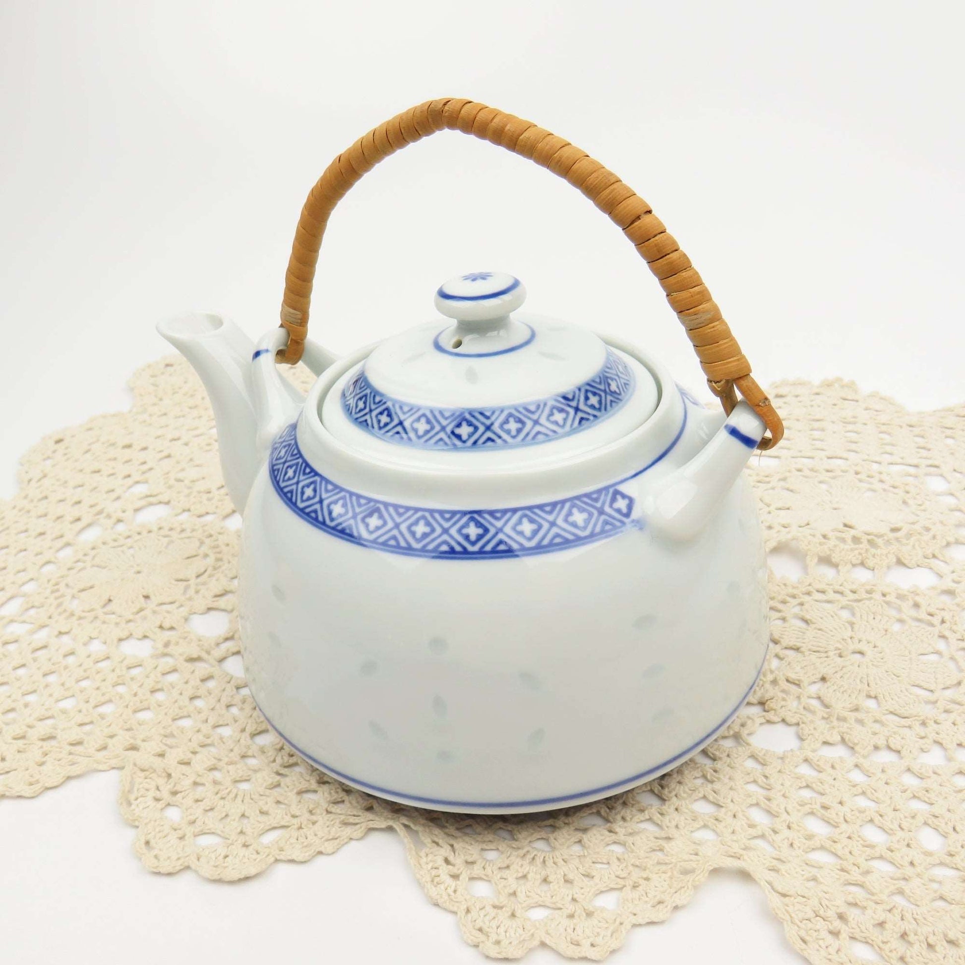 Vintage Blue & White Mini Teapot & Lid Rice Flower by TIENSHAN, Made in China - GSaleHunter