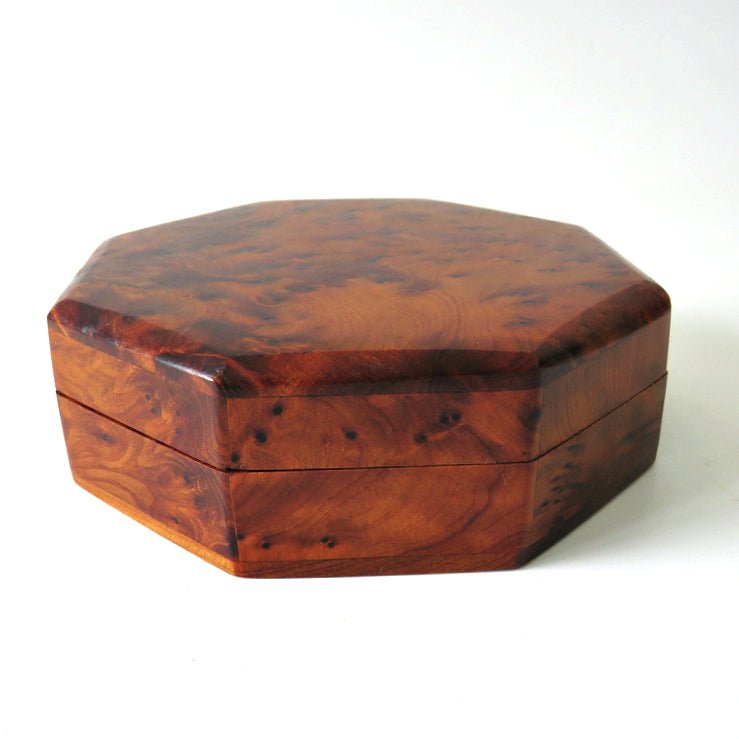 Vintage Burl Wood Handcrafted Octagon Shape Fitted Box - GSaleHunter