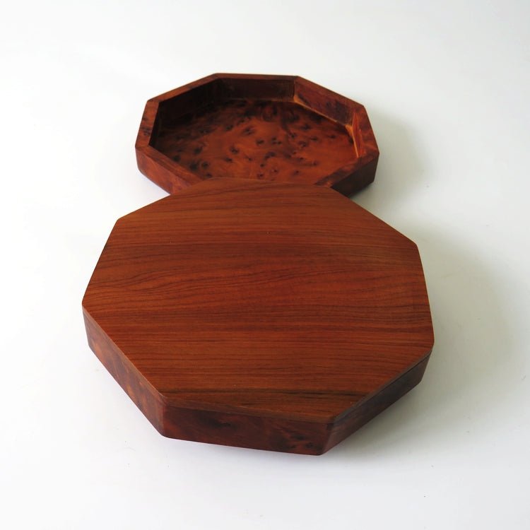Vintage Burl Wood Handcrafted Octagon Shape Fitted Box - GSaleHunter