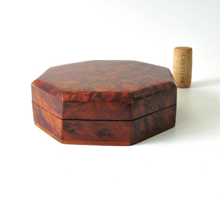 Vintage Burl Wood Handcrafted Octagon Shape Fitted Box - GSaleHunter