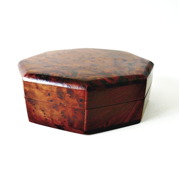 Vintage Burl Wood Handcrafted Octagon Shape Fitted Box - GSaleHunter