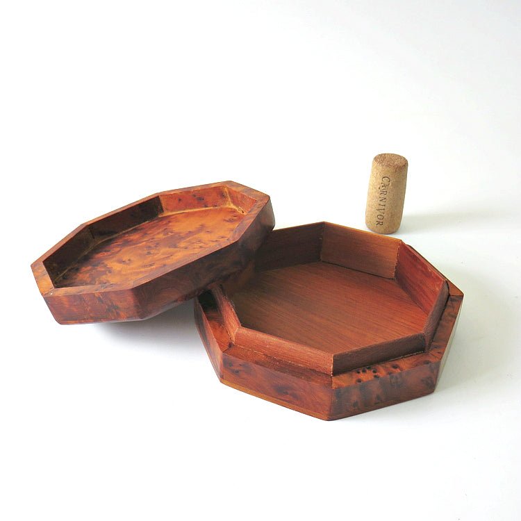 Vintage Burl Wood Handcrafted Octagon Shape Fitted Box - GSaleHunter