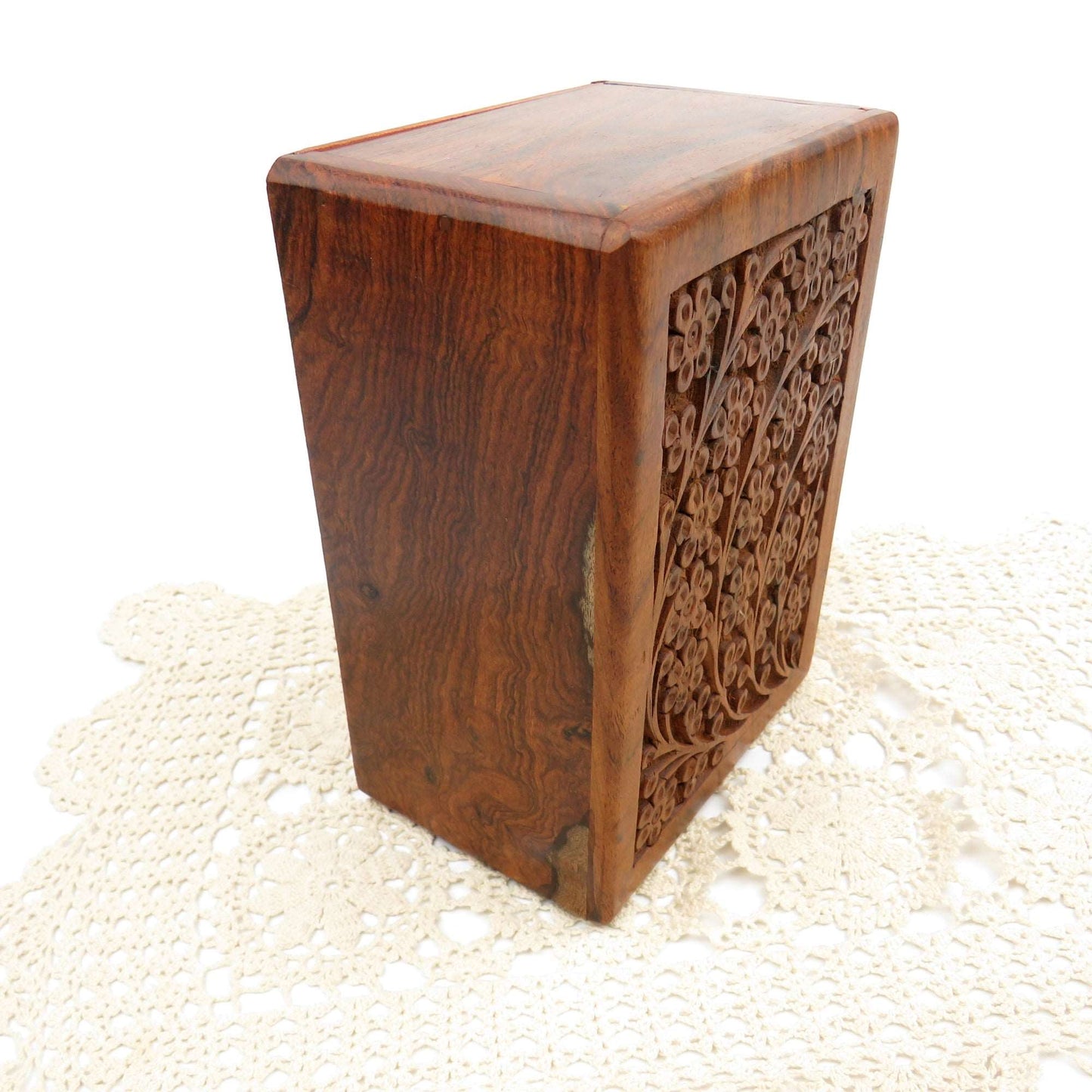 Vintage Hand Carved Floral Rosewood Stash Box Hidden Slide Out Door Hand Crafted - GSaleHunter