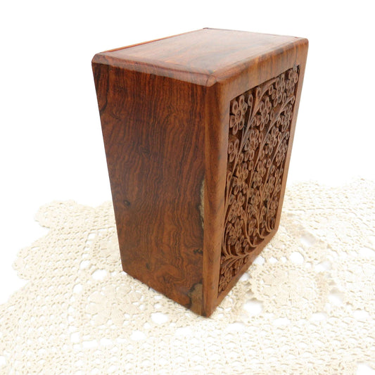 Vintage Hand Carved Floral Rosewood Stash Box Hidden Slide Out Door Hand Crafted - GSaleHunter