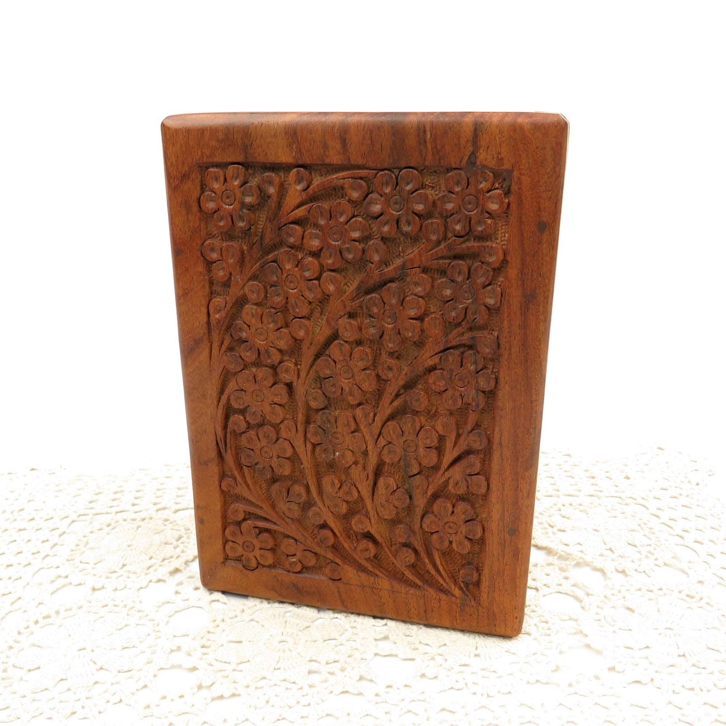 Vintage Hand Carved Floral Rosewood Stash Box Hidden Slide Out Door Hand Crafted - GSaleHunter