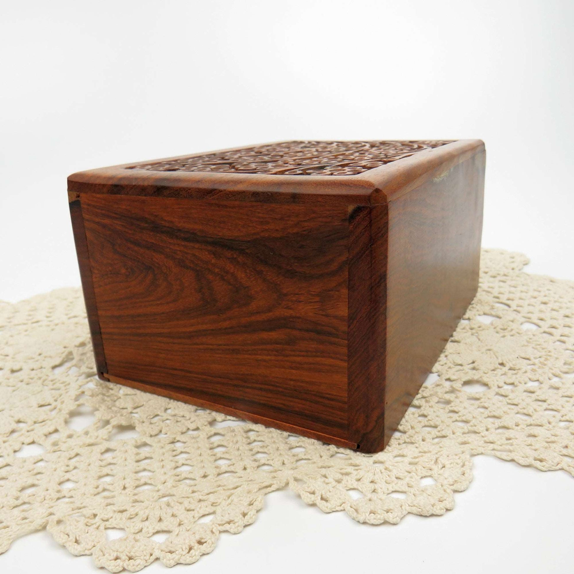 Vintage Hand Carved Floral Rosewood Stash Box Hidden Slide Out Door Hand Crafted - GSaleHunter