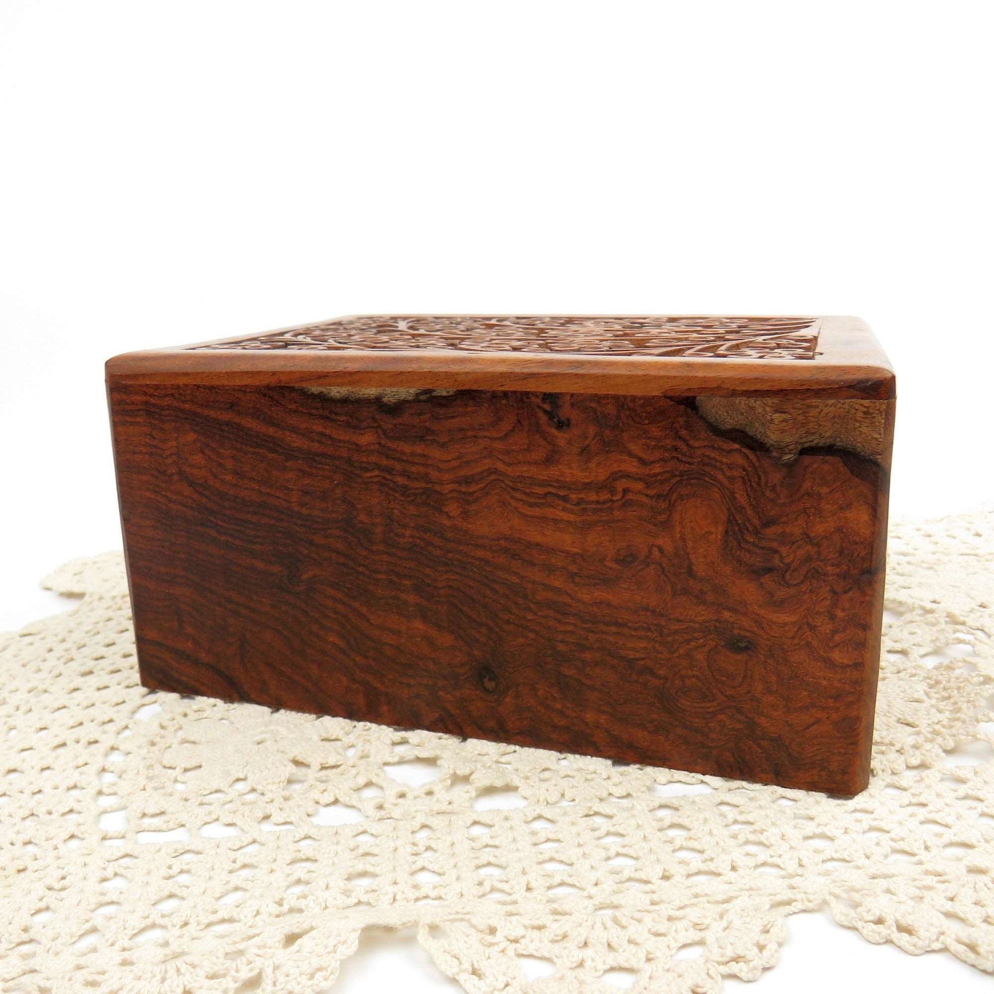 Vintage Hand Carved Floral Rosewood Stash Box Hidden Slide Out Door Hand Crafted - GSaleHunter