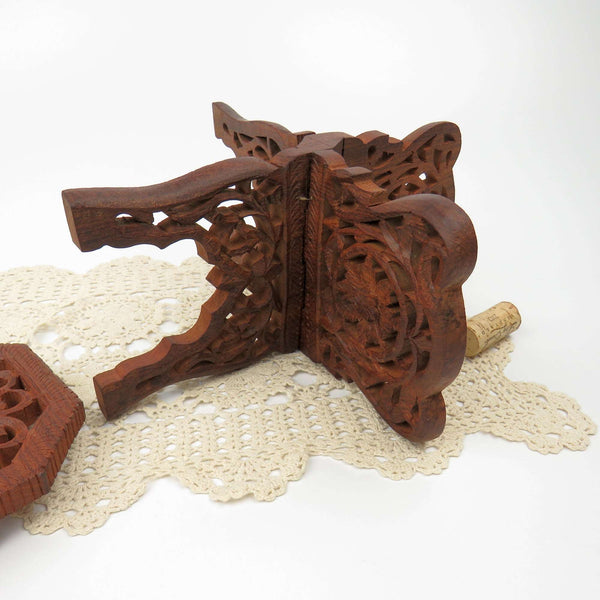Vintage India Sheesham Carved Wood Accessories Set of 2 Folding Book Stand & Footed Trivet Mid Century - GSaleHunter