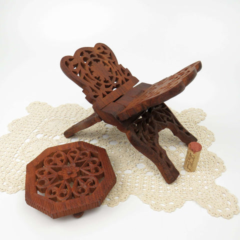 Vintage India Sheesham Carved Wood Accessories Set of 2 Folding Book Stand & Footed Trivet Mid Century - GSaleHunter