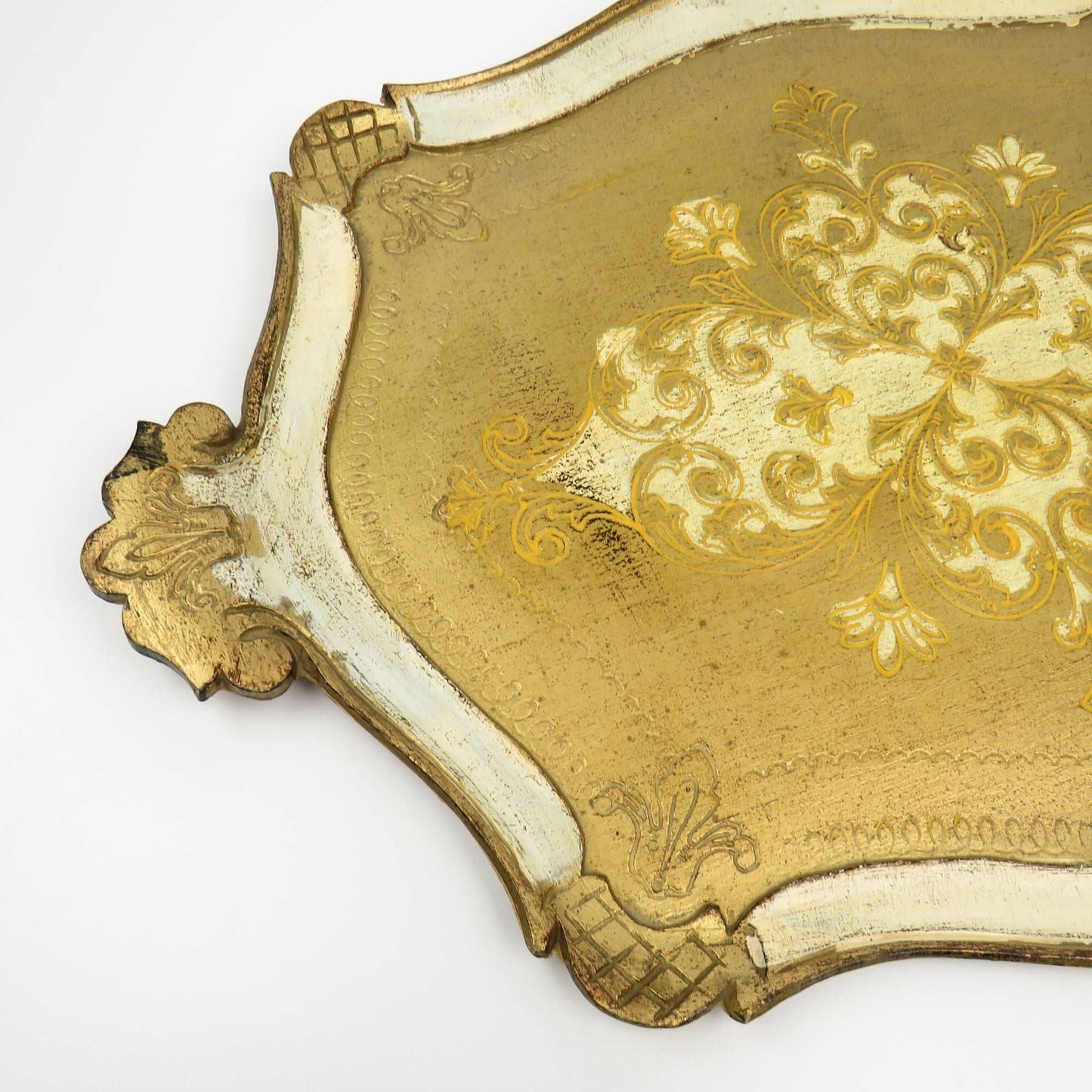 Vintage Italy Florentine Hand Painted Wood Tray White Gold Gild with Handles - GSaleHunter