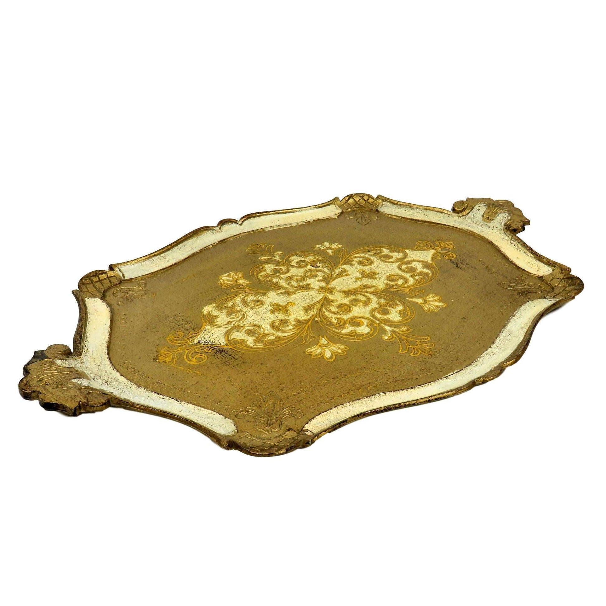 Vintage Italy Florentine Hand Painted Wood Tray White Gold Gild with Handles - GSaleHunter