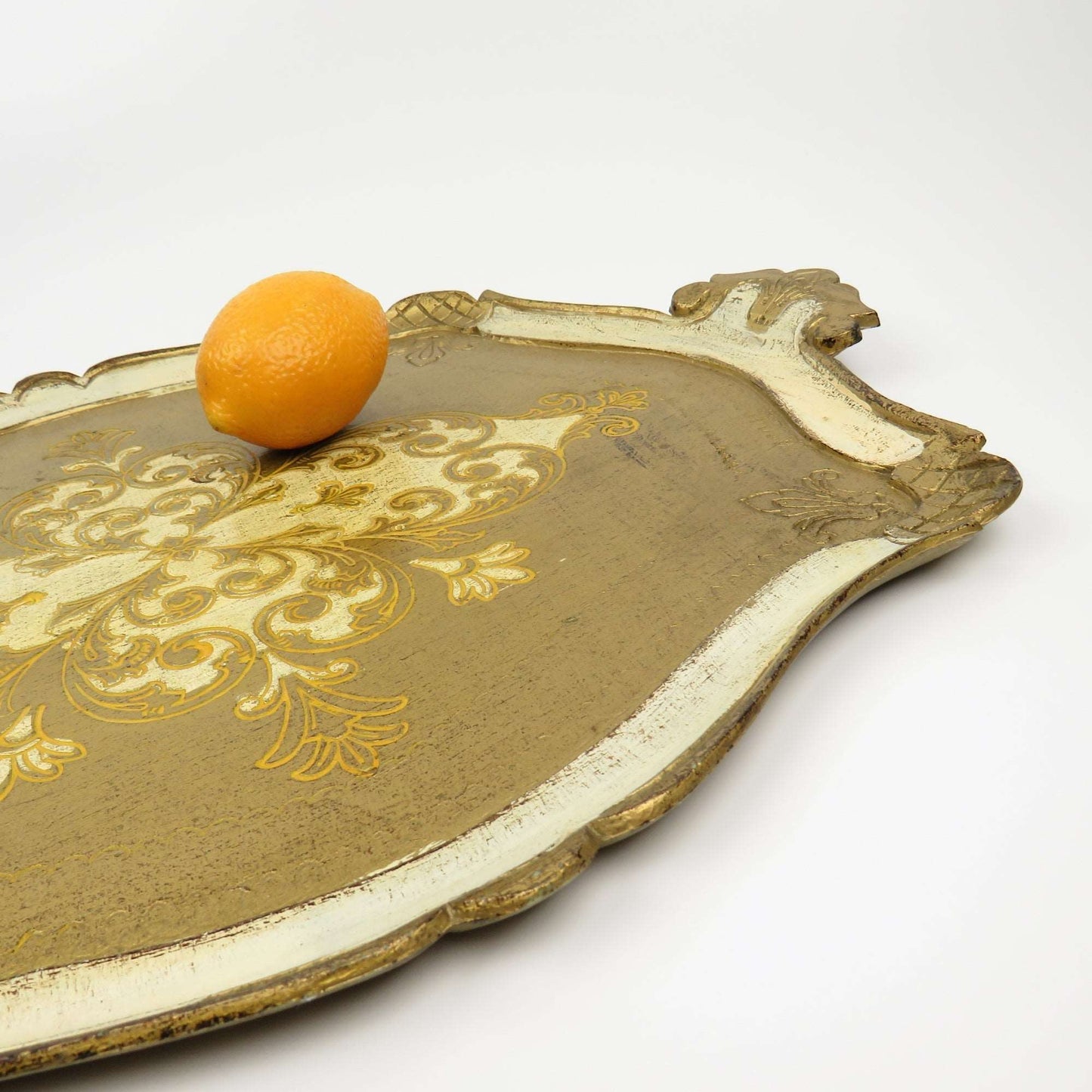 Vintage Italy Florentine Hand Painted Wood Tray White Gold Gild with Handles - GSaleHunter