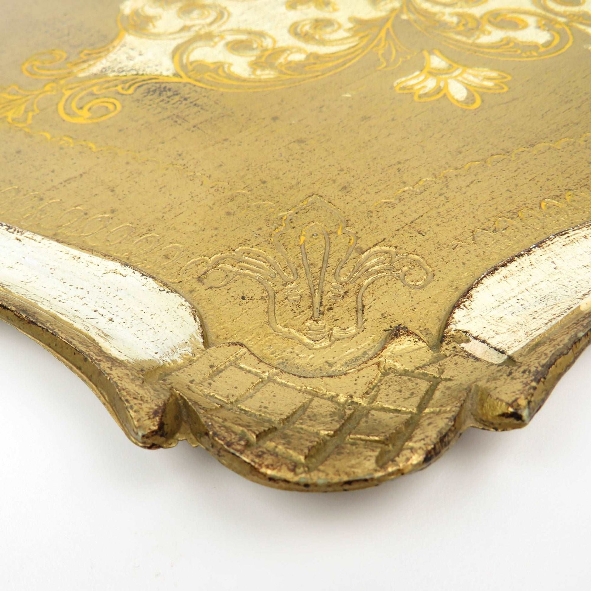 Vintage Italy Florentine Hand Painted Wood Tray White Gold Gild with Handles - GSaleHunter