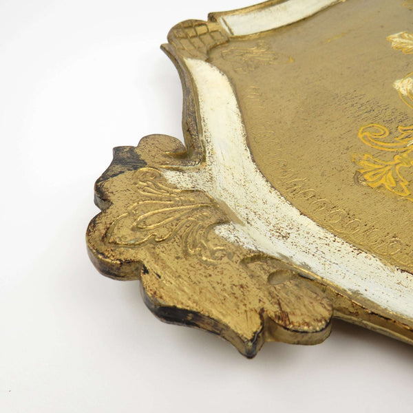 Vintage Italy Florentine Hand Painted Wood Tray White Gold Gild with Handles - GSaleHunter