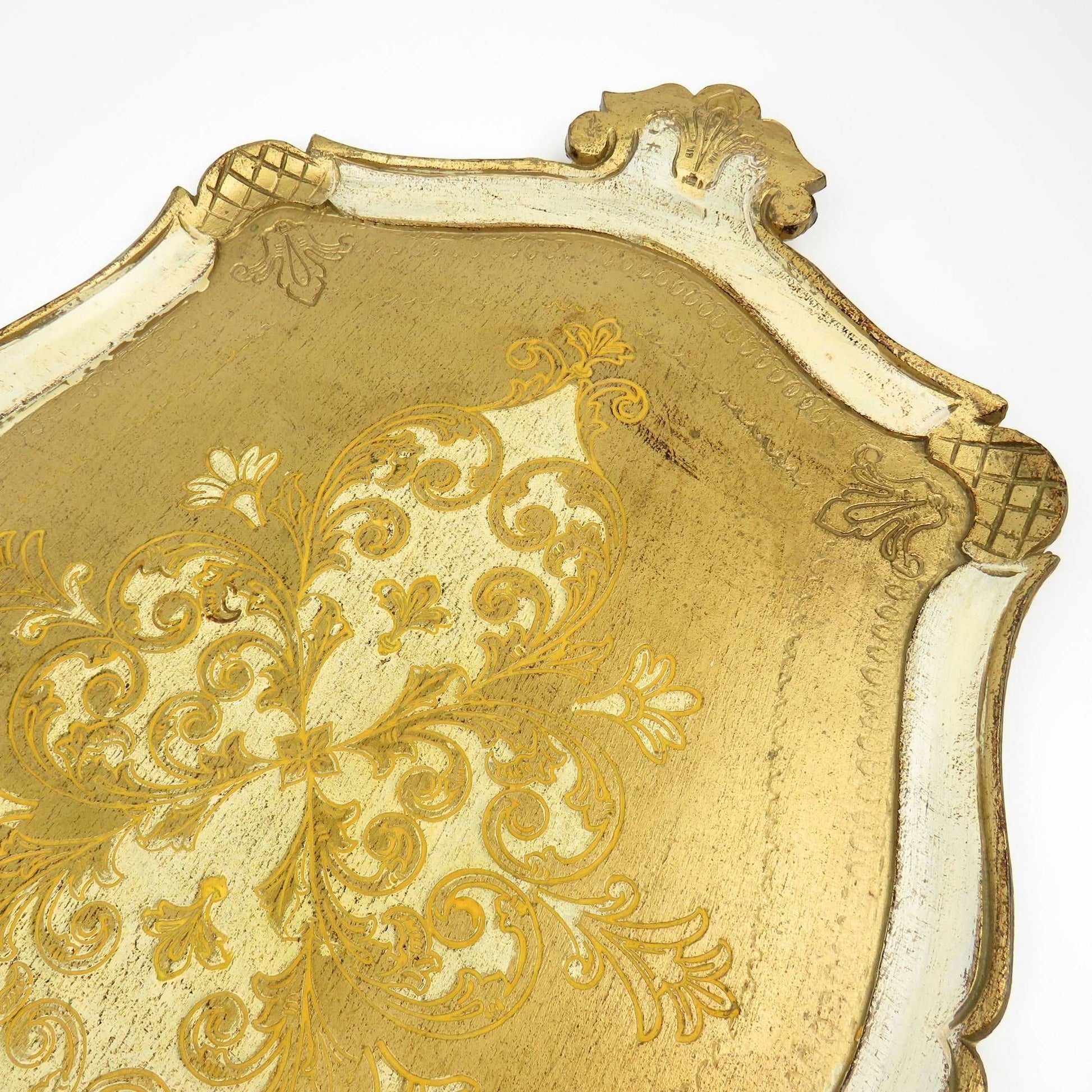 Vintage Italy Florentine Hand Painted Wood Tray White Gold Gild with Handles - GSaleHunter