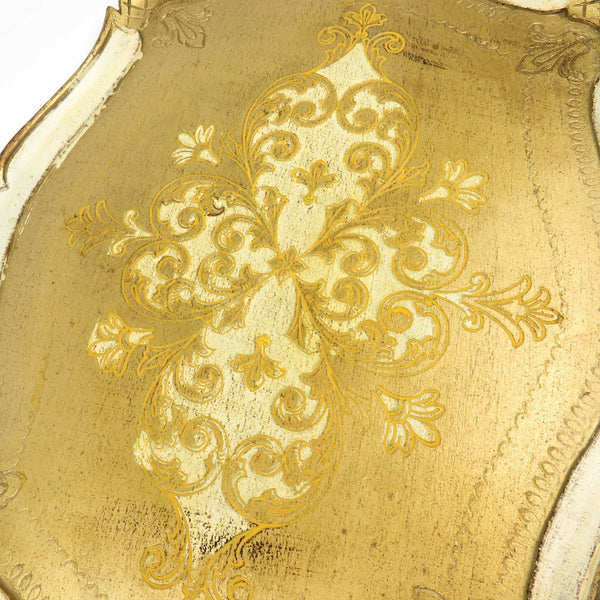 Vintage Italy Florentine Hand Painted Wood Tray White Gold Gild with Handles - GSaleHunter