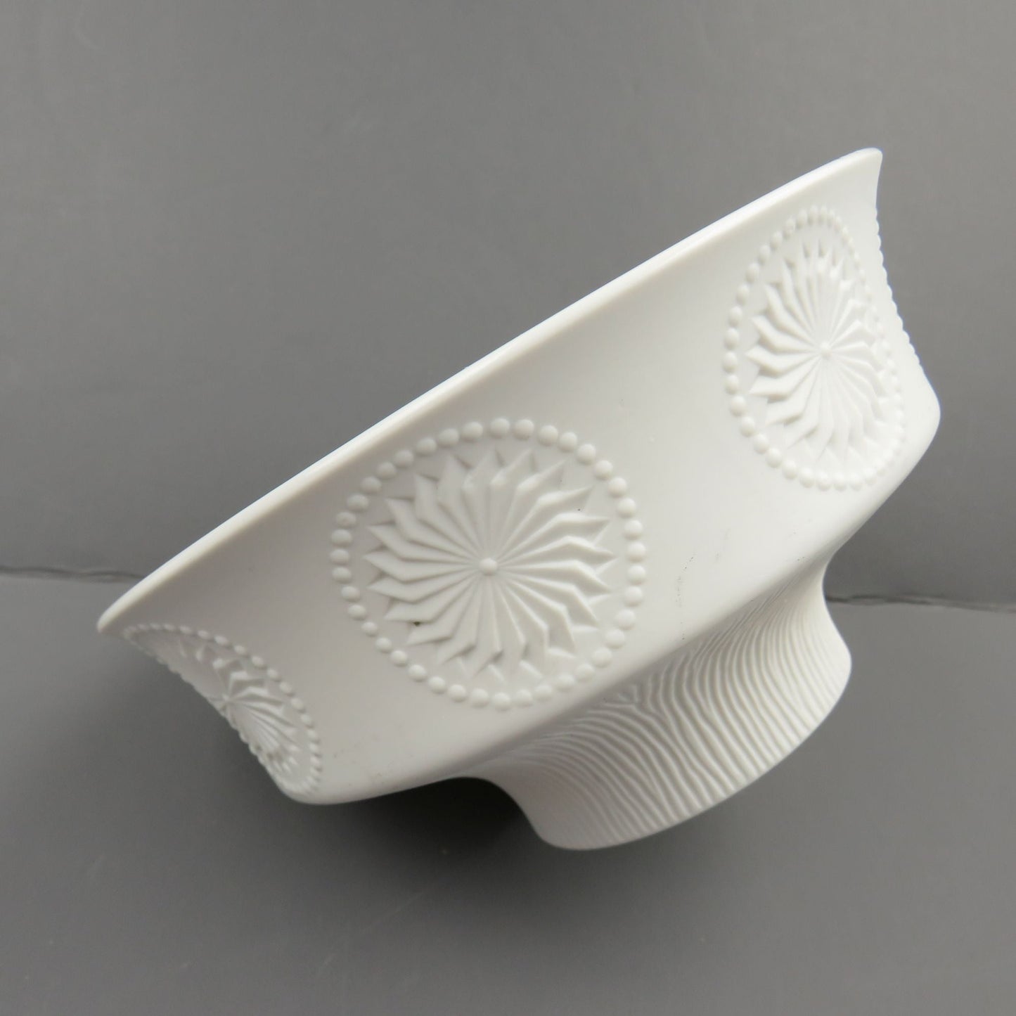 Vintage Kaiser West Germany MCM White Bisque Porcelain Footed Bowl, Emperor Pattern Floral Optic Medallions Toscana - GSaleHunter