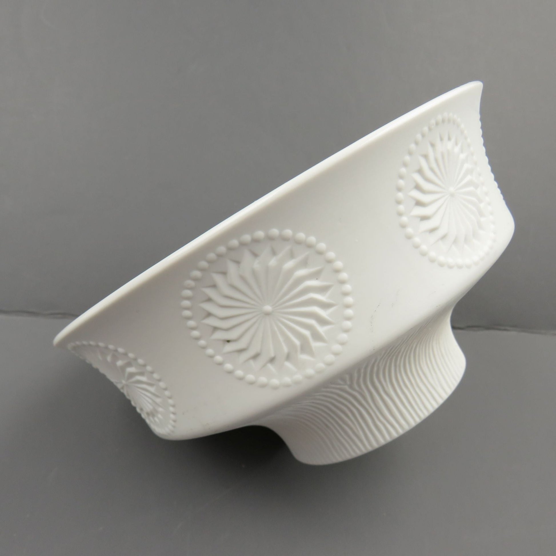 Vintage Kaiser West Germany MCM White Bisque Porcelain Footed Bowl, Emperor Pattern Floral Optic Medallions Toscana - GSaleHunter