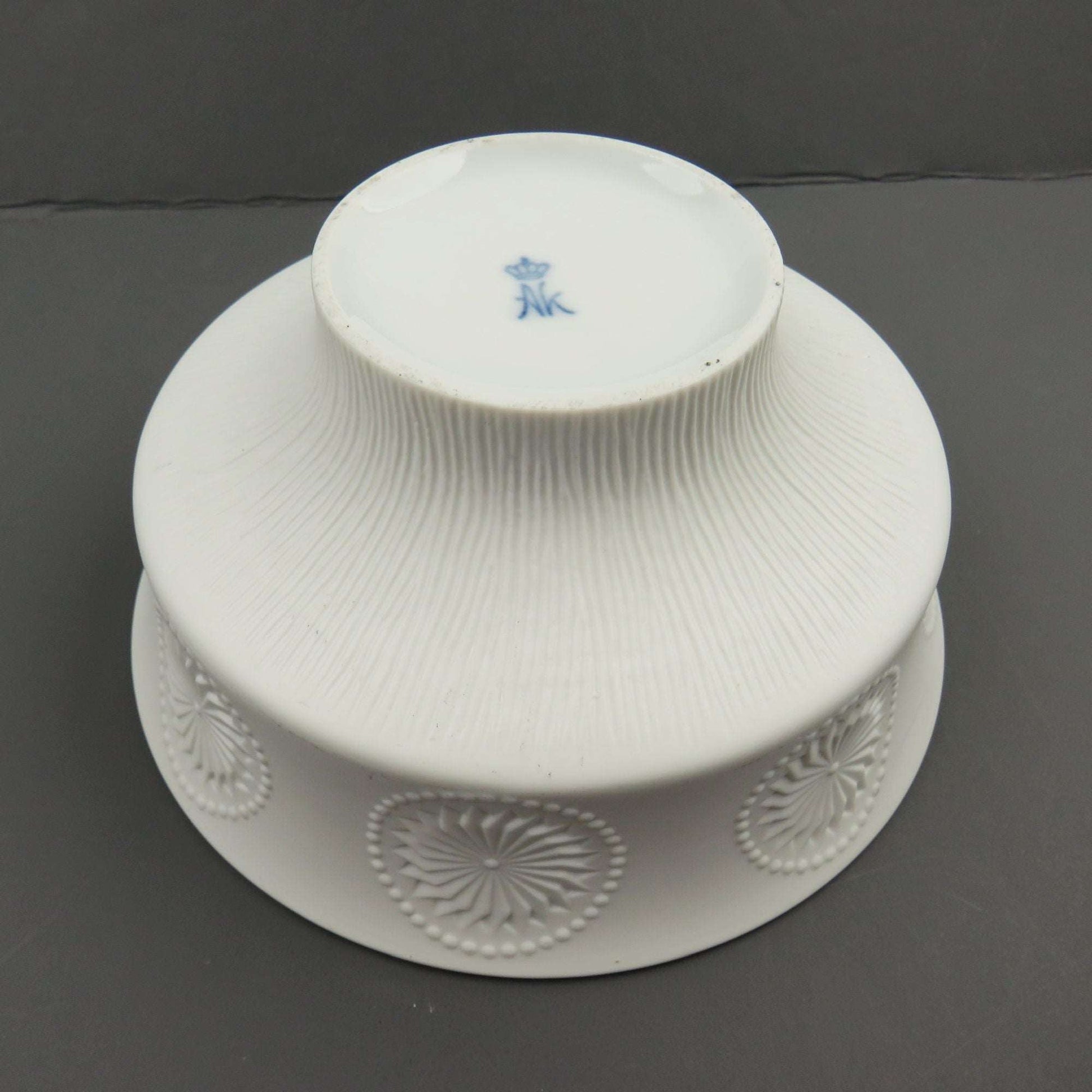 Vintage Kaiser West Germany MCM White Bisque Porcelain Footed Bowl, Emperor Pattern Floral Optic Medallions Toscana - GSaleHunter