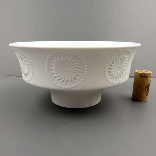 Vintage Kaiser West Germany MCM White Bisque Porcelain Footed Bowl, Emperor Pattern Floral Optic Medallions Toscana - GSaleHunter