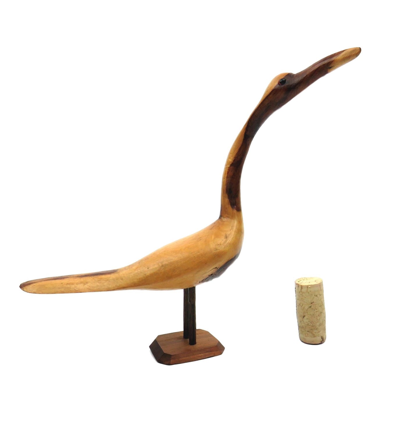 Vintage Mid Century Hand Carved Desert Ironwood Goose/Crane Wood Carving w Glass Eyes - GSaleHunter