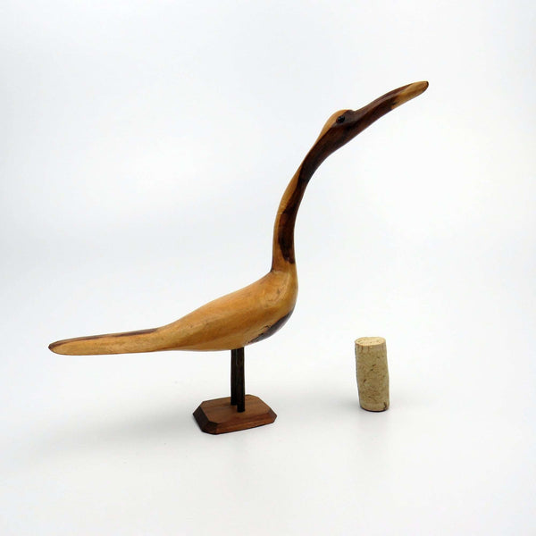 Vintage Mid Century Hand Carved Desert Ironwood Goose/Crane Wood Carving w Glass Eyes - GSaleHunter