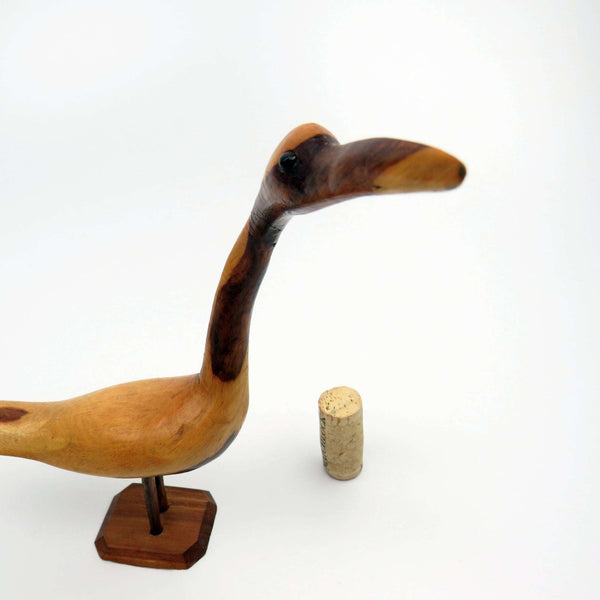 Vintage Mid Century Hand Carved Desert Ironwood Goose/Crane Wood Carving w Glass Eyes - GSaleHunter