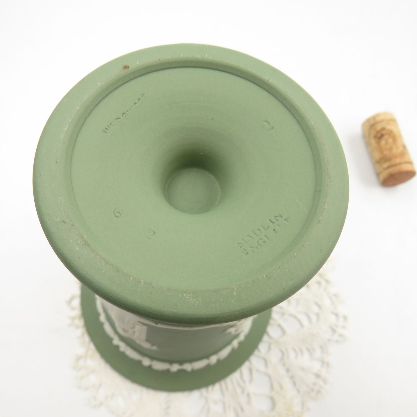 Vintage MINT Wedgwood Footed Spilled Trumpet Vase 5 1/2 Inches Cream on Celadon Green Sage SACRIFICE OF POMONA - GSaleHunter